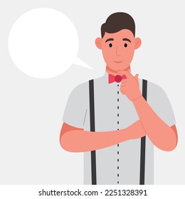 Young man thinks. Pondering on particular belief or idea, empty cloud bubble for text or image. Vector illustration.