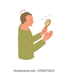 A young man with thinning hair is surprised to see hair on his hairbrush (hair loss)