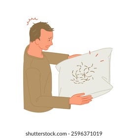 A young man with thinning hair is surprised to see a hair on his pillow