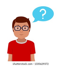 Young man and thought bubble with question mark. Vector illustration.