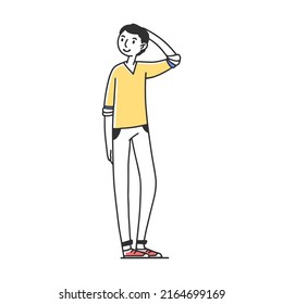 Young man thought vector illustration. Customers standing in queue for payment. Cashier providing service for clients. Shopping in store