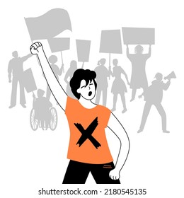 The young man threw his hand up in protest against the background of the protesting crowd.