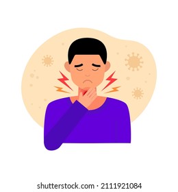 Young man with throat pain touching her neck on the background of viruses. Vector flat illustration. Throat pain, coronavirus, flu concept