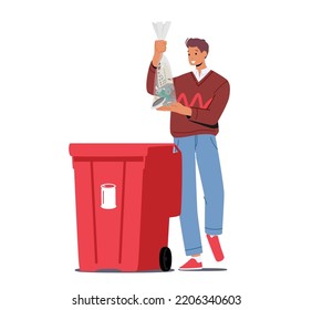 Young Man Throw Bag with Metal Litter into Recycle Trash Bin on Street. Stop Pollution Concept, Ecology Protection Problem Solution, Recycling and Separation of Garbage. Cartoon Vector Illustration