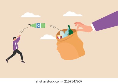 Young man throw used bottles into the garbage bank. Eco friendly concept. Colored flat vector illustration.