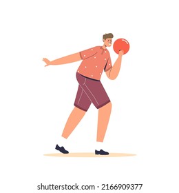 Young man throwing ball for bowling game. Happy active man playing bowling at leisure time. Indoor recreation activity and hobby concept. Cartoon flat vector illustration