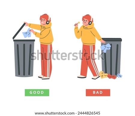 Young man throwing garbage in trash bin and the other one is littering. Good and bad behavior. Cartoon eco friendly teenager character in headphones right and wrong way. Vector education poster