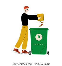 Young Man Throwing Organic Waste into Garbage Container, Guy Sorting Waste for Further Processing Vector Illustration