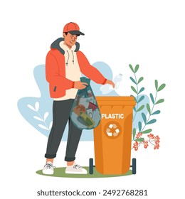 Young man throwing out plastic waste, sorting garbage. Boy separating trash to promote cleanliness and sustainability. Vector illustration for environment and ecology protection concept