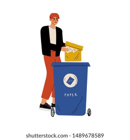 Young Man Throwing Paper Waste into Garbage Container, Guy Sorting Waste for Further Processing Vector Illustration