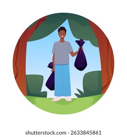 Young man throwing and sorting garbage. Cartoon teenager collects trash in the forest, cleans nature. Vector flat illustration in round frame. Zero waste concept. ECO lifestyle. Save environment