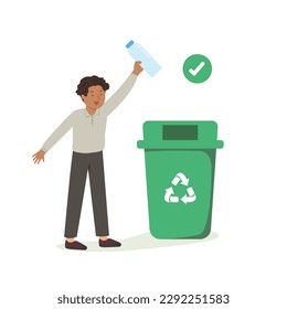 Young man thrown bottled water to recycle bin, Green eco friendly label, environment concept.