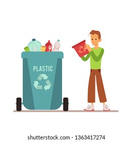 A young man throws out and sorts trash and garbage in a plastic bin or container. Garbage sorting type for recycling, container for plastic rubbish. Isolated vector illustration on white background.