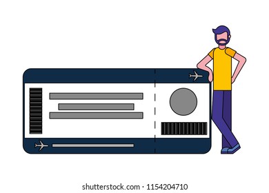 young man with ticket flight isolated icon