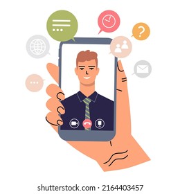 Joven en corbata con burbujas en la pantalla del smartphone con un icono de videollamada. La mano del hombre sostiene un teléfono. Concepto de conversación en línea, chat, conferencia, reunión de negocios, comunicación por video. 