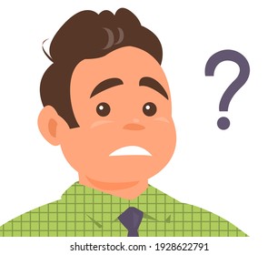 A young man in a tie with a distressed expression on his face. Vector illustration isolated on white background.