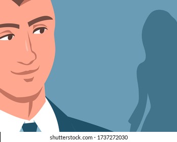 A young man in a tie looked around at the silhouette of a beautiful girl. Vector romantic illustration.
