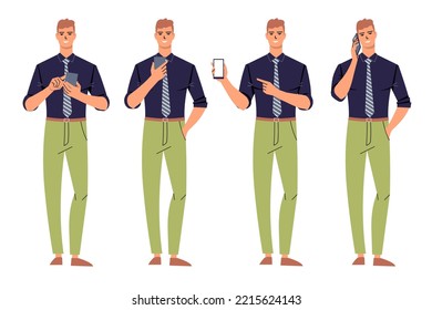 Un joven con corbata y teléfono móvil. Un hombre de negocios con una camisa en poses diferentes, aislado en un fondo blanco. Llamadas, muestra la pantalla del teléfono, usa un teléfono móvil. Vector plano.