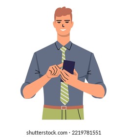 A young man in a tie and shirt uses a cellphone. A smiling businessman holds a phone in his hand and touches the screen with his finger. Entering text, scrolling the page in the browser. Flat vector.