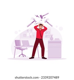 A young man in a tie squeezes his head with his hands and feels like he's been hit with a hammer, stress, tension, and migraines. Trend Modern vector flat illustration