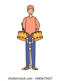 young man with timpani on white background