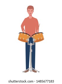 young man with timpani on white background