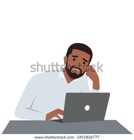 Young man tired at the desktop. Headache or illness at work. Overwork and difficulties. Flat vector illustration isolated on white background