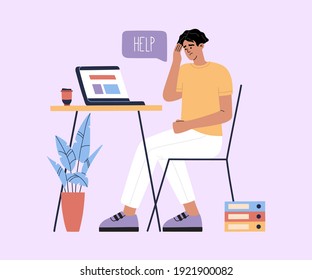 Young man tired of hard working, sad because of work, guy at office sits by the table with laptop and has a cup of coffee and procrastinating, unhappy person overworked. Modern trendy illustration