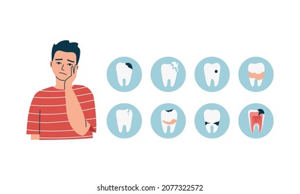 Young man with a toothache with an expression of pain on his face is holding his swollen cheek. Severe dental pain, caries, cracks, hypersensitivity, tartar. Isolated flat vector illustration