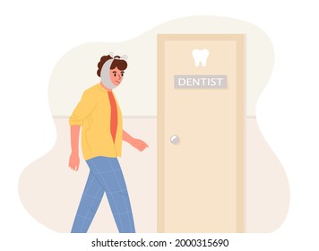 A young man with a toothache goes to the dentist's office. Flat vector isolated illustration