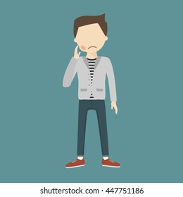 Young man with a toothache hand on the cheek. Vector illustration flat design.