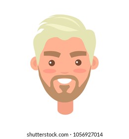 Young man toothy smiling face icon. Blond, bearded male with happy facial expression flat vector isolated on white background. Joyful guy cartoon emotive portrait for user avatar illustration