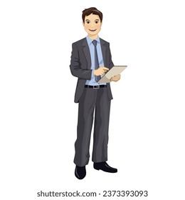 a young man, a top manager, in a business suit with a tablet in his hand