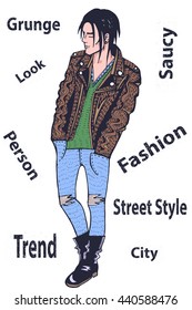 Young man in torn jeans, jacket and boots to his full height, street style