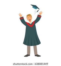 Young man tossing up his cap on Graduation Day. Colorful cartoon illustration