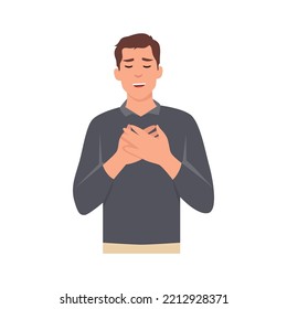 Young man touched positive. Holds his hands on his chest, expressing gratitude. Flat vector illustration isolated on white background