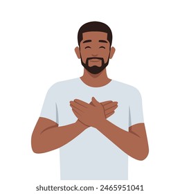 Young man Touched positive man holds his hands on his chest, expressing gratitude. Flat vector illustration isolated on white background