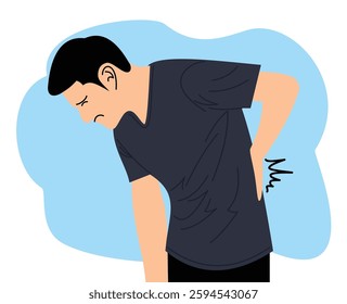 young man touching back trying to ease pain in spine. young man backache