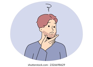 Young man touching beard think of shaving. Guy feel confused about bristle or face hair. Male hygiene and beauty care. Flat vector illustration.