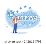 A young man is touching the gdpr concept with German text dsgvo on the touch screen. General rules for data protection gdpr. flat vector modern illustration 