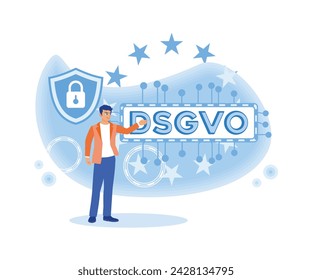 A young man is touching the gdpr concept with German text dsgvo on the touch screen. General rules for data protection gdpr. flat vector modern illustration 