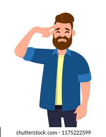 Young man touching his head with fingers in both hands looks tired with a headache keeping eyes closed. Man feeling bad suffering. Emotion and body language concept in cartoon style vector .