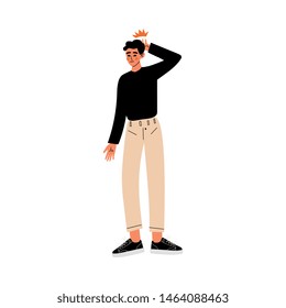 Young Man Touching His Head, Migraine, Headache, Guy Feeling Pain in Body Caused By Illness or Injury Vector Illustration