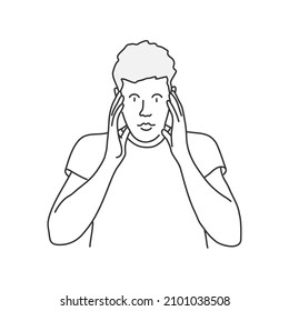 El joven, tocando la cabeza con ambas manos, parece cansado. La persona no se siente bien. Ilustración vectorial dibujada a mano. Blanco y negro.