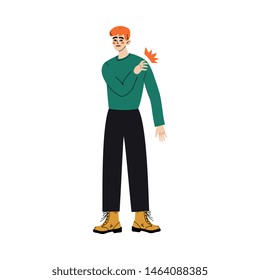 Young Man Touching His Shoulder, Guy Feeling Pain in Body Caused By Illness or Injury Vector Illustration