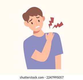 Young man touching his shoulder because of muscle pain. Concept of office syndrome, upper back pain, health, poor posture, weak muscle. Medical cartoon. Flat vector illustration character.