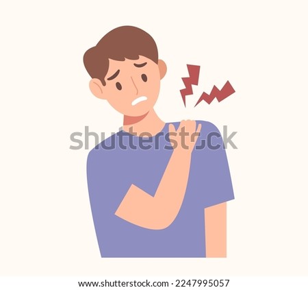 Young man touching his shoulder because of muscle pain. Concept of office syndrome, upper back pain, health, poor posture, weak muscle. Medical cartoon. Flat vector illustration character.