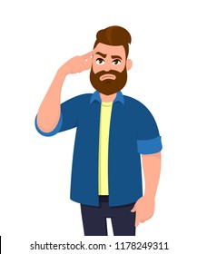Young Man Touching His Temples And Remembering Something. Man Holding Finger On Head And Feeling Tired Exhausted, Chronic Work Stress, Tries To Remember Important Information. Concept Illustration.