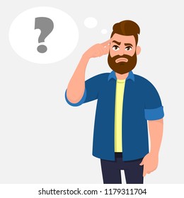 Young man touching his temples and remembering something. Man holding finger on head and feeling tired exhausted, chronic work stress, tries to remember important information. Concept illustration.