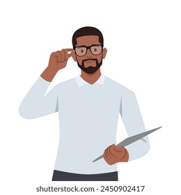 Joven tocando y usando sus gafas y mirando hacia adelante. Ilustración vectorial plana aislada sobre fondo blanco